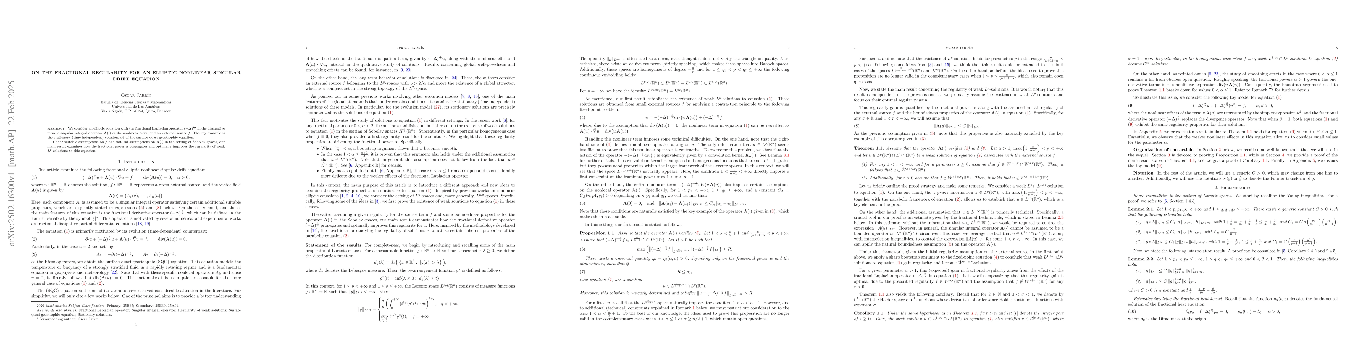 Thumbnail for On the fractional regularity for an elliptic nonlinear singular drift
  equation