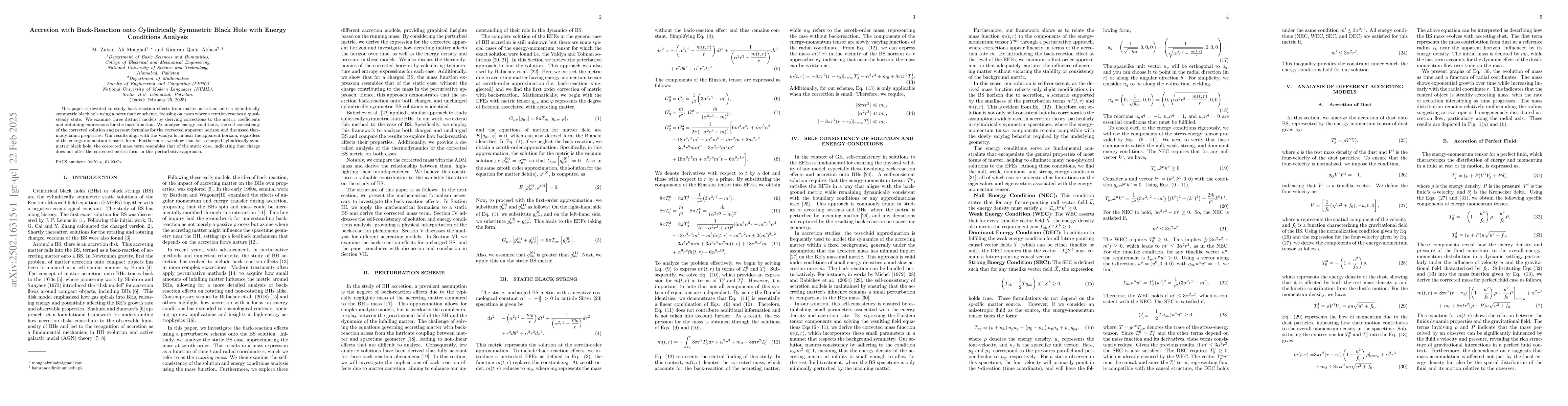 Thumbnail for Accretion with Back-Reaction onto Cylindrically Symmetric Black Hole
  with Energy Conditions Analysis