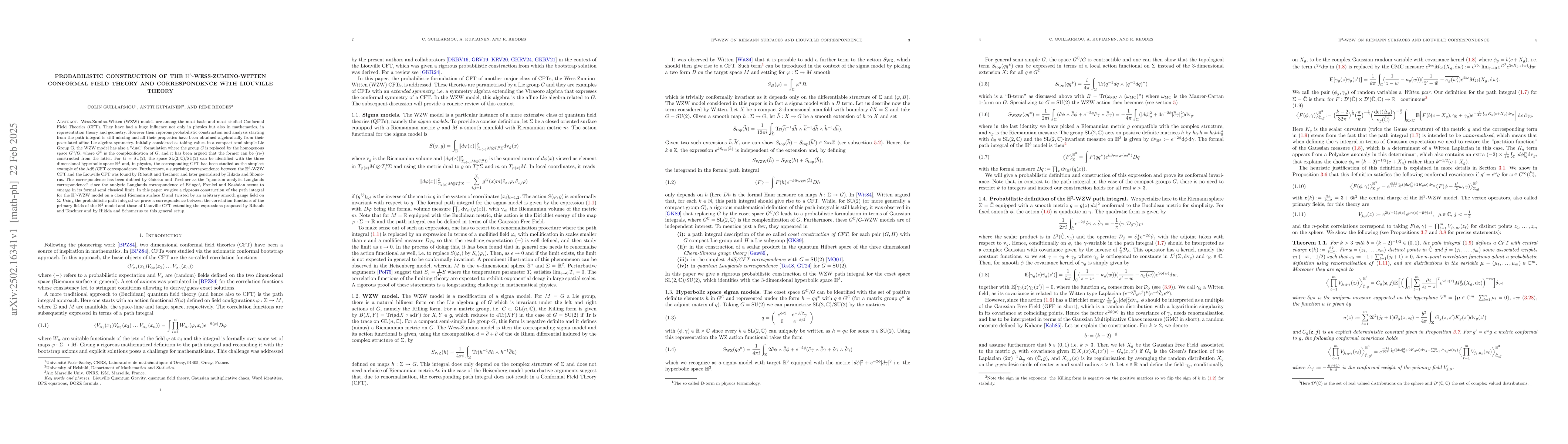 Thumbnail for Probabilistic construction of the $\mathbb{H}^3$-Wess-Zumino-Witten
  conformal field theory and correspondence with Liouville theory