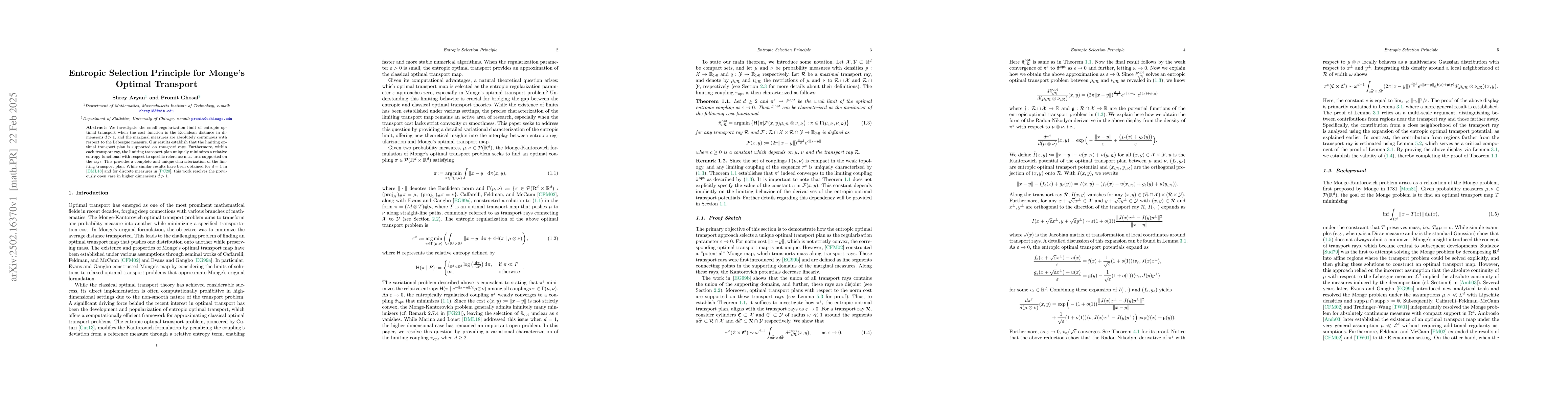 Thumbnail for Entropic Selection Principle for Monge's Optimal Transport