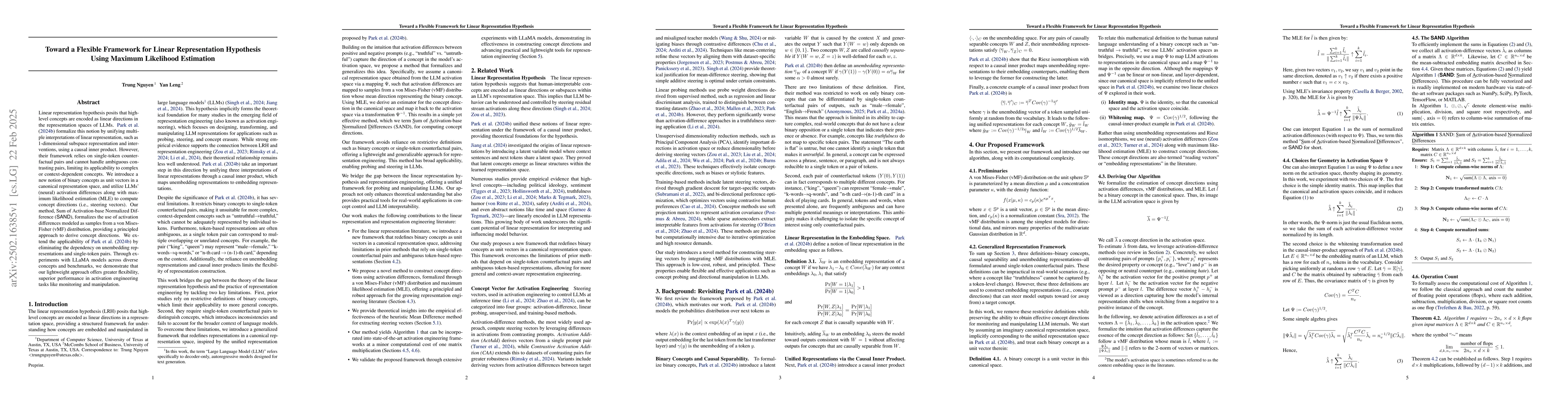 Thumbnail for Toward a Flexible Framework for Linear Representation Hypothesis Using
  Maximum Likelihood Estimation
