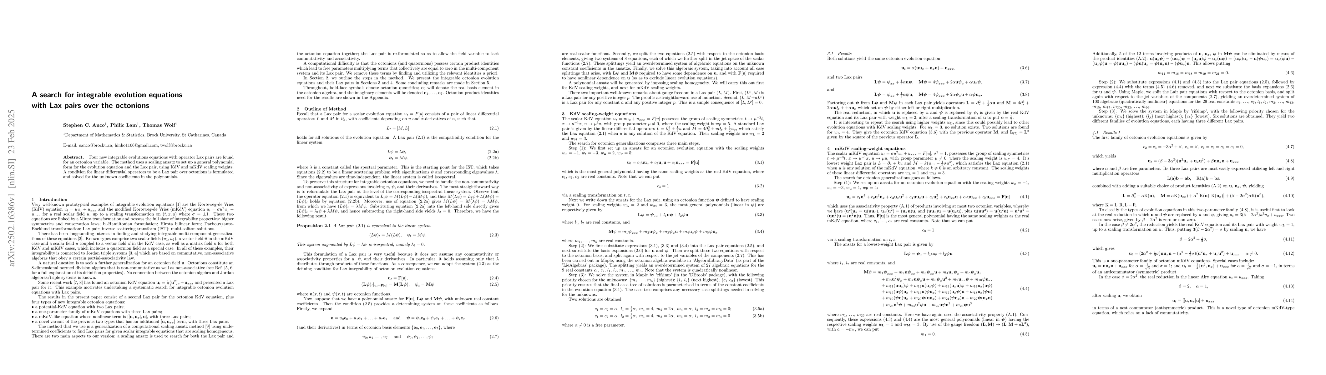 Thumbnail for A search for integrable evolution equations with Lax pairs over the
  octonions