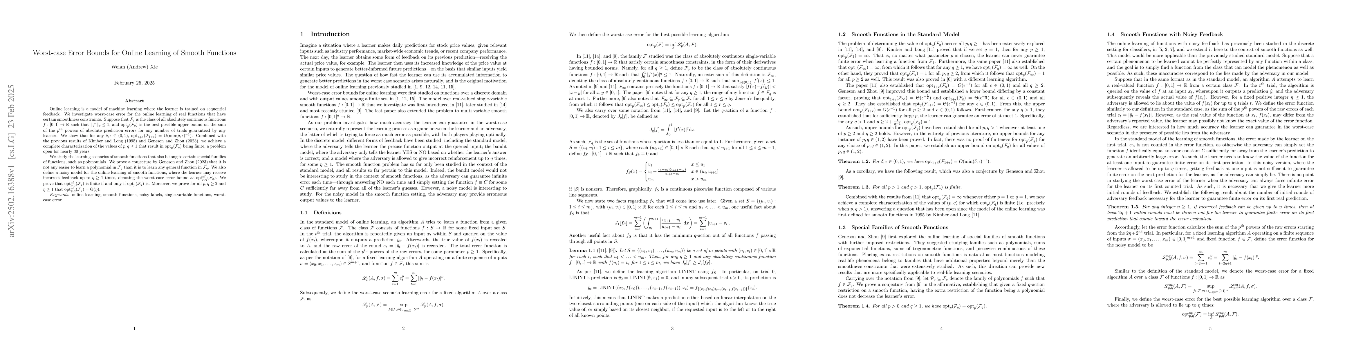 Thumbnail for Worst-case Error Bounds for Online Learning of Smooth Functions