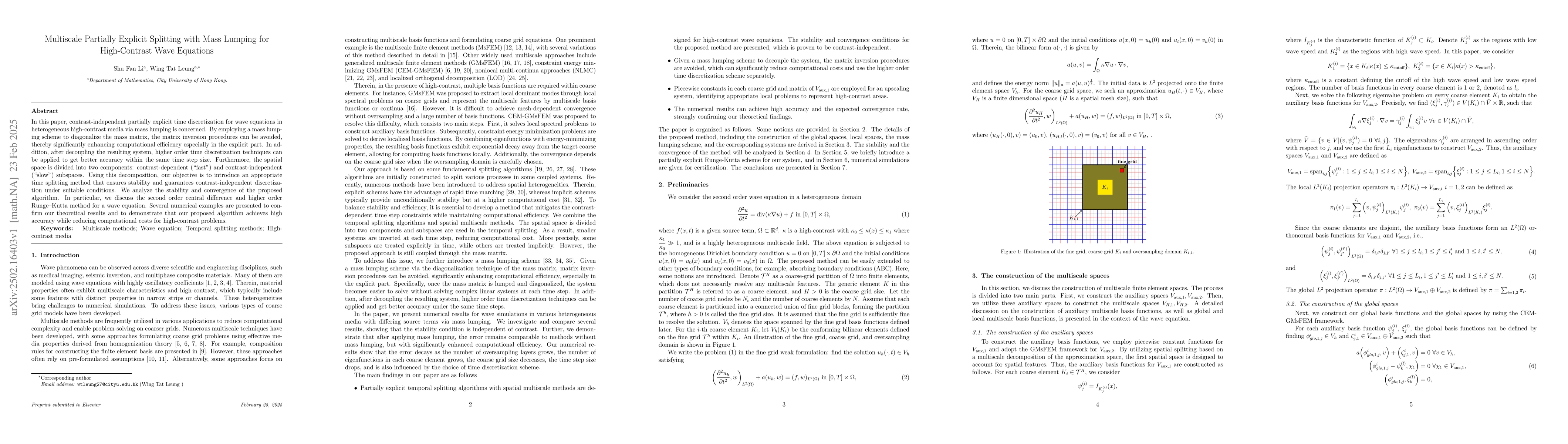 Thumbnail for Multiscale Partially Explicit Splitting with Mass Lumping for
  High-Contrast Wave Equations
