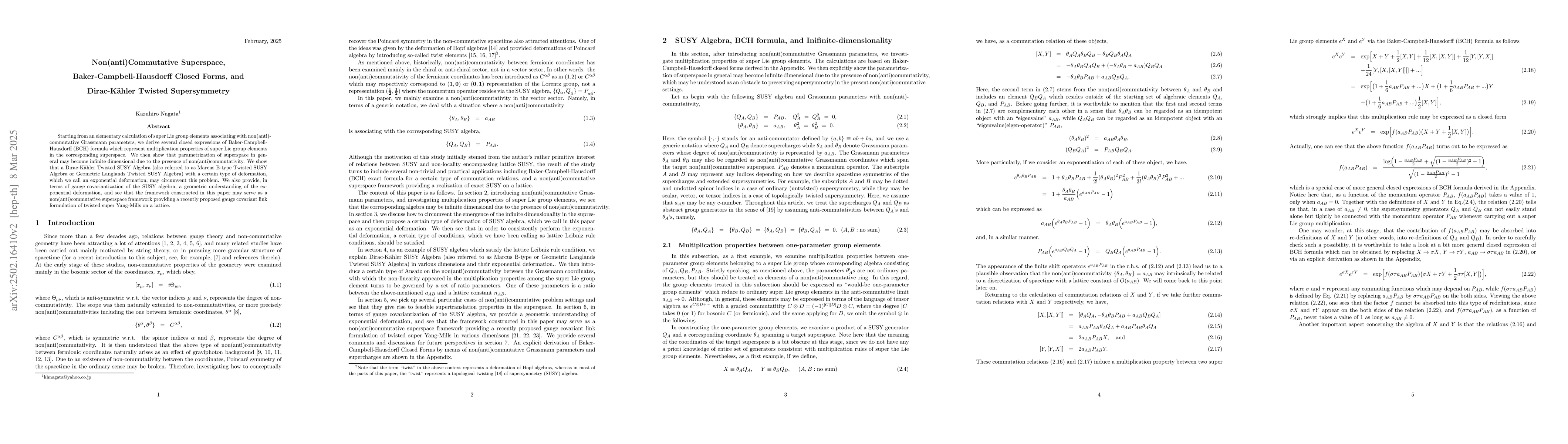 Thumbnail for Non(anti)Commutative Superspace, Baker-Campbell-Hausdorff Closed Forms,
  and Dirac-Kähler Twisted Supersymmetry