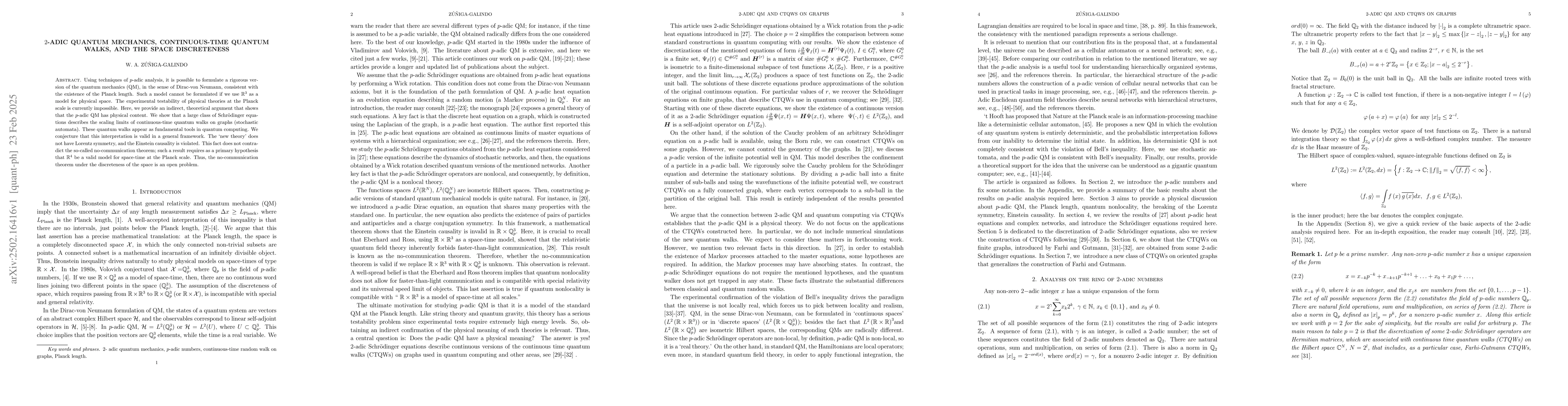 Thumbnail for 2-Adic quantum mechanics, continuous-time quantum walks, and the space
  discreteness