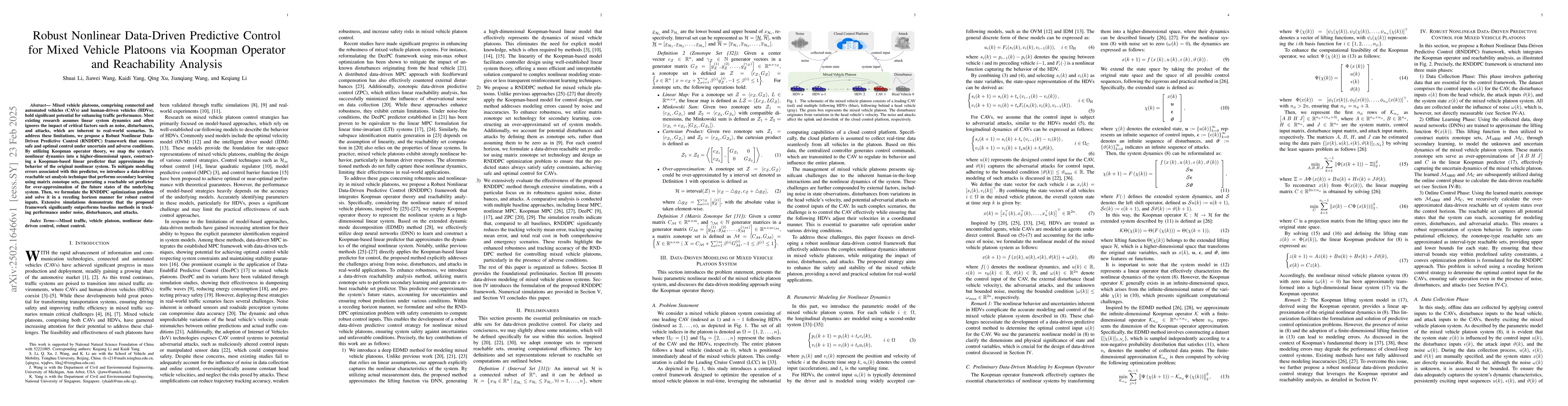 Thumbnail for Robust Nonlinear Data-Driven Predictive Control for Mixed Vehicle
  Platoons via Koopman Operator and Reachability Analysis