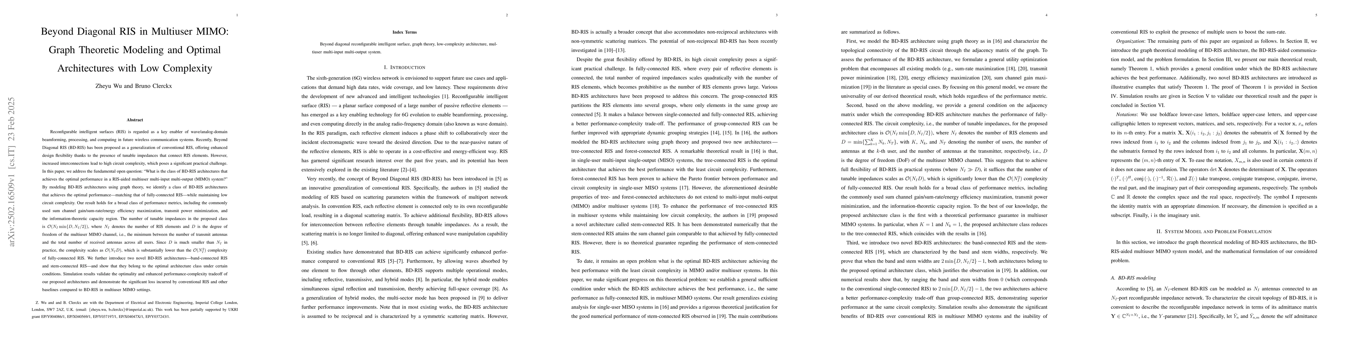 Thumbnail for Beyond Diagonal RIS in Multiuser MIMO: Graph Theoretic Modeling and
  Optimal Architectures with Low Complexity