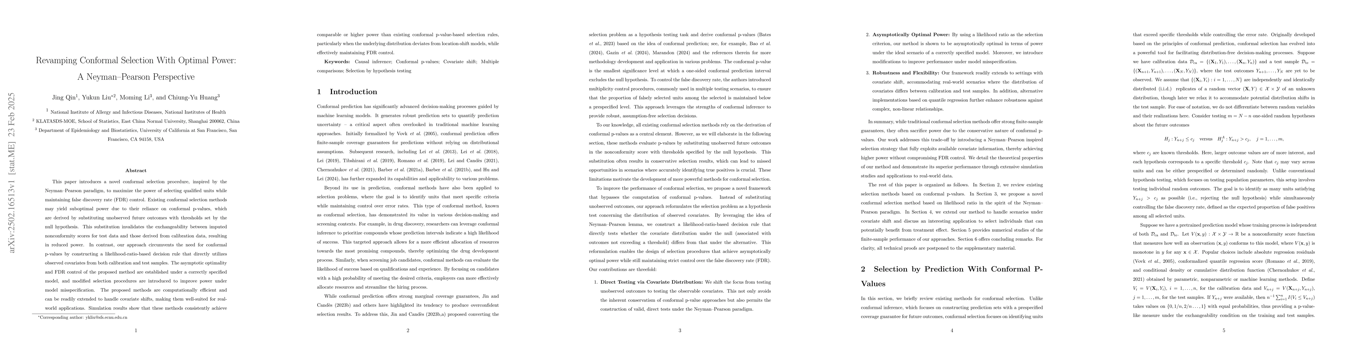 Thumbnail for Revamping Conformal Selection With Optimal Power: A Neyman--Pearson
  Perspective