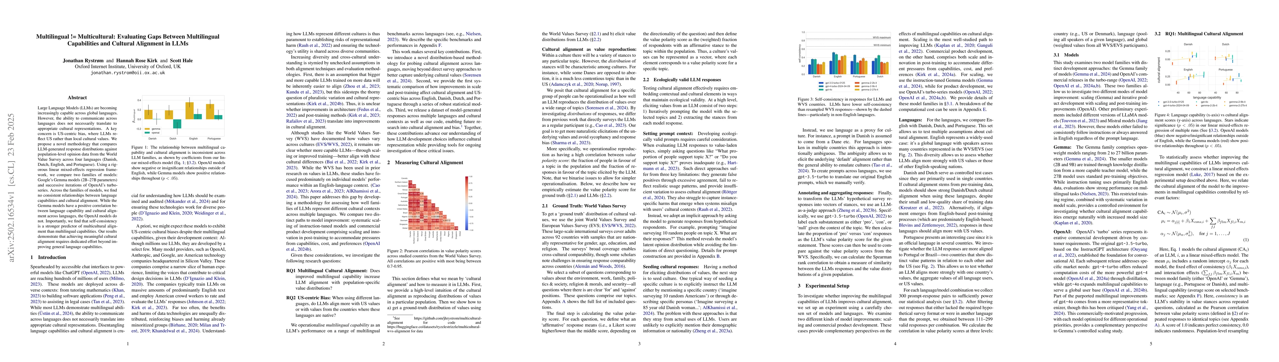 Thumbnail for Multilingual != Multicultural: Evaluating Gaps Between Multilingual
  Capabilities and Cultural Alignment in LLMs