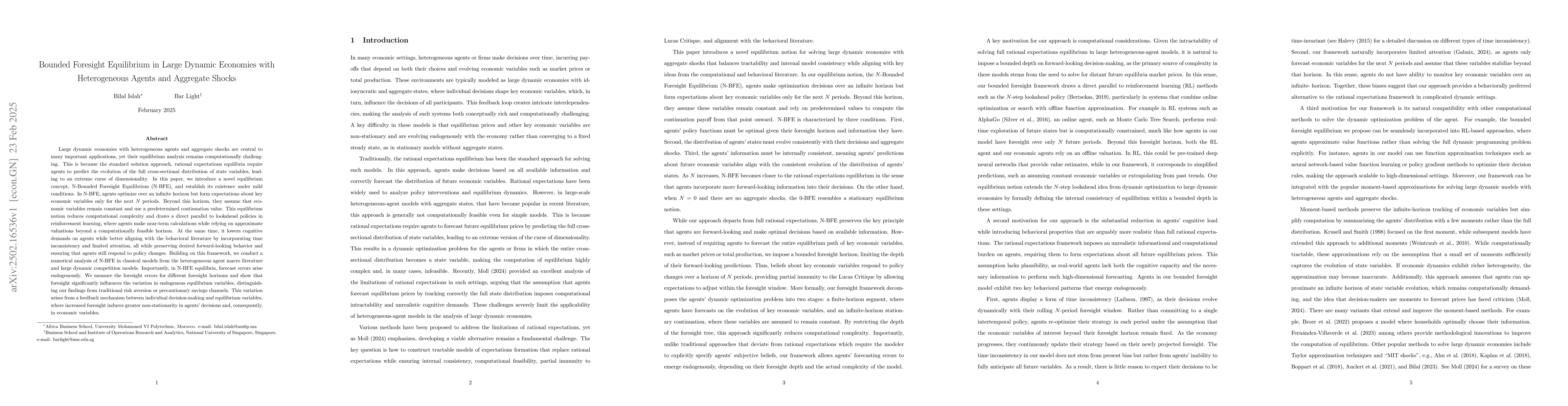 Thumbnail for Bounded Foresight Equilibrium in Large Dynamic Economies with
  Heterogeneous Agents and Aggregate Shocks