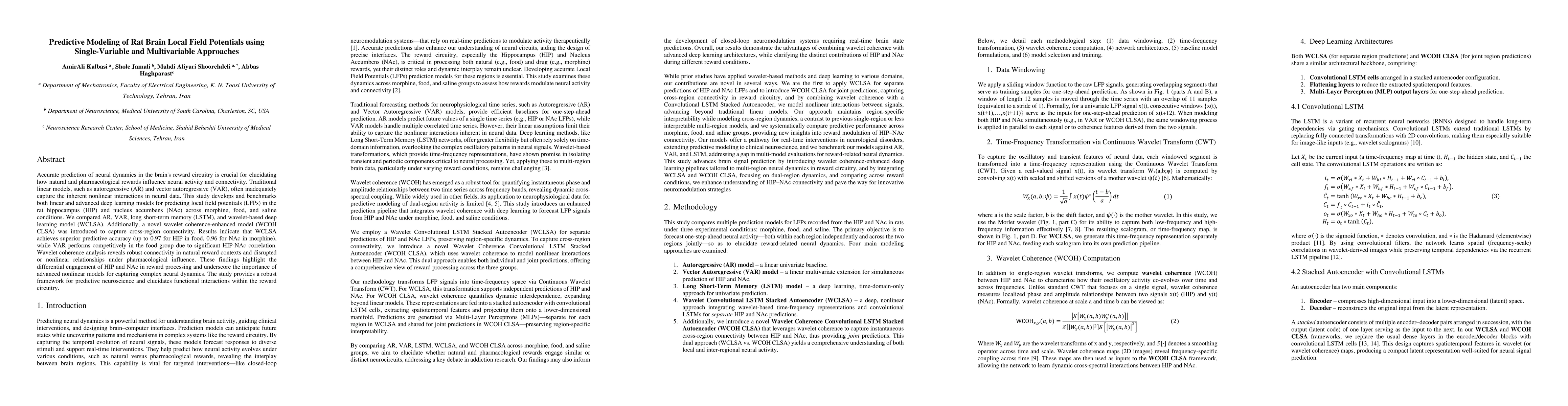 Thumbnail for Predictive Modeling of Rat Brain Local Field Potentials using
  Single-Variable and Multivariable Approaches