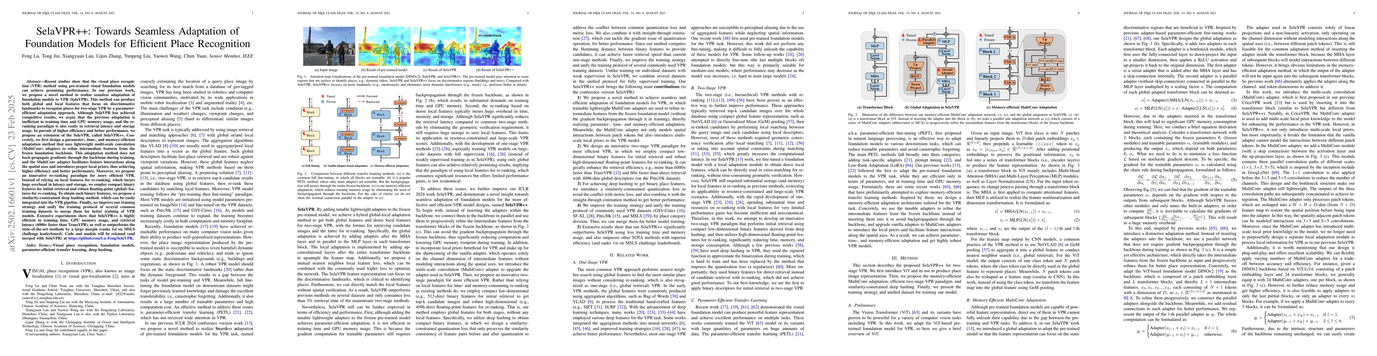 Thumbnail for SelaVPR++: Towards Seamless Adaptation of Foundation Models for
  Efficient Place Recognition