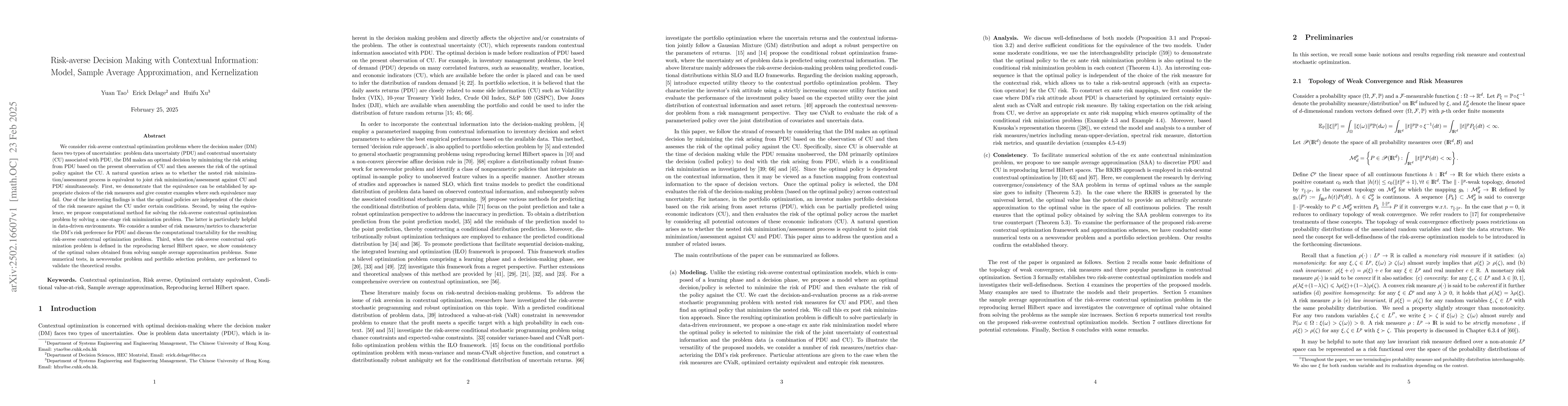 Thumbnail for Risk-averse Decision Making with Contextual Information: Model, Sample
  Average Approximation, and Kernelization