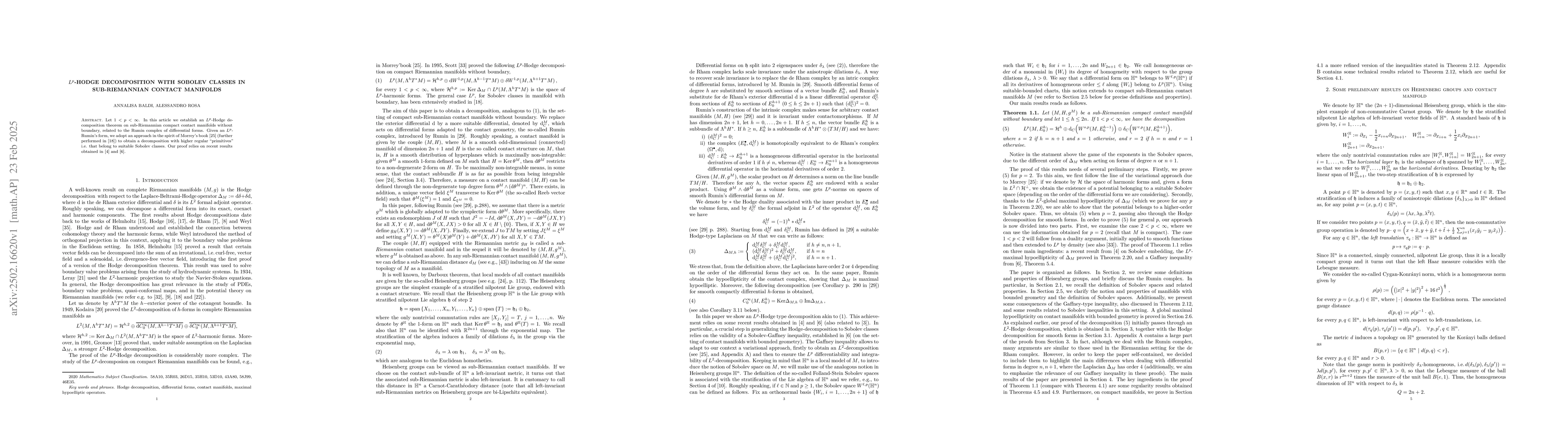 Thumbnail for $L^p$-Hodge Decomposition with Sobolev classes in Sub-Riemannian Contact
  Manifolds