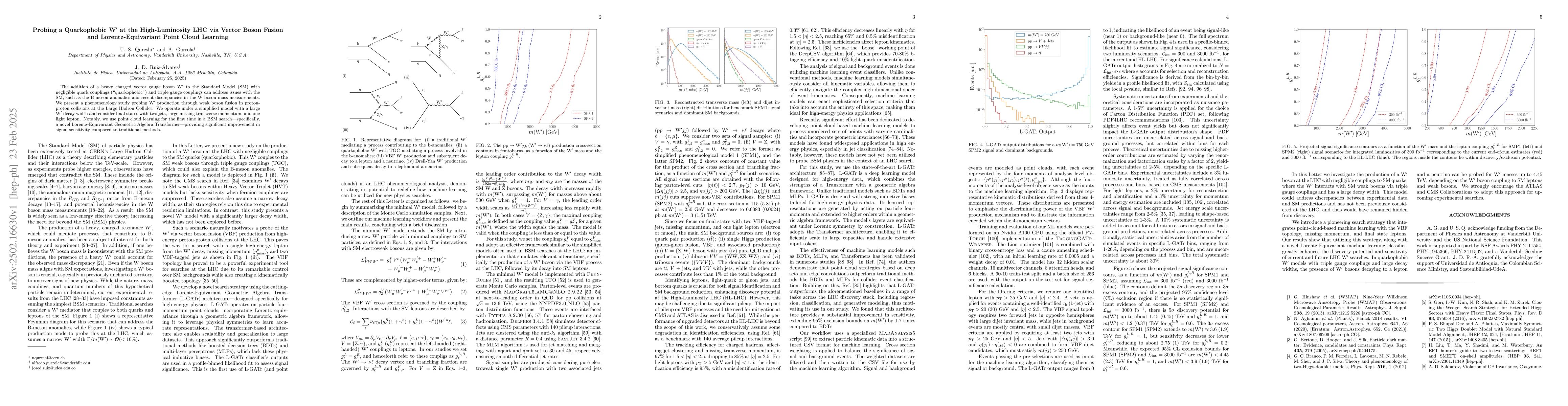 Thumbnail for Probing a Quarkophobic ${\mathbf{W}}^\prime$ at the High-Luminosity LHC
  via Vector Boson Fusion and Lorentz-Equivariant Point Cloud Learning