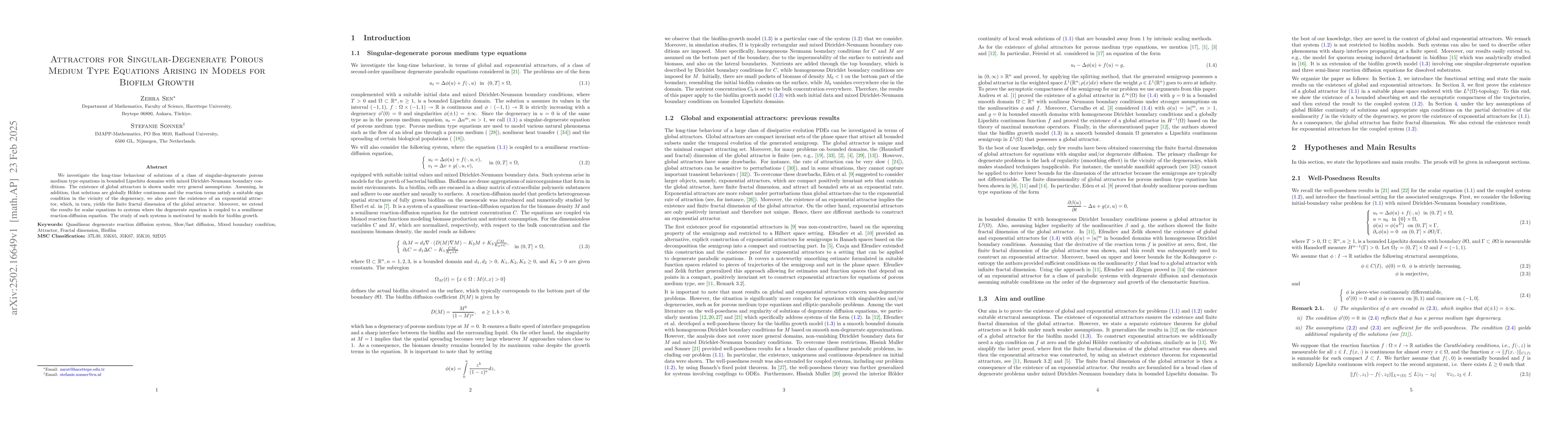 Thumbnail for Attractors for Singular-Degenerate Porous Medium Type Equations Arising
  in Models for Biofilm Growth