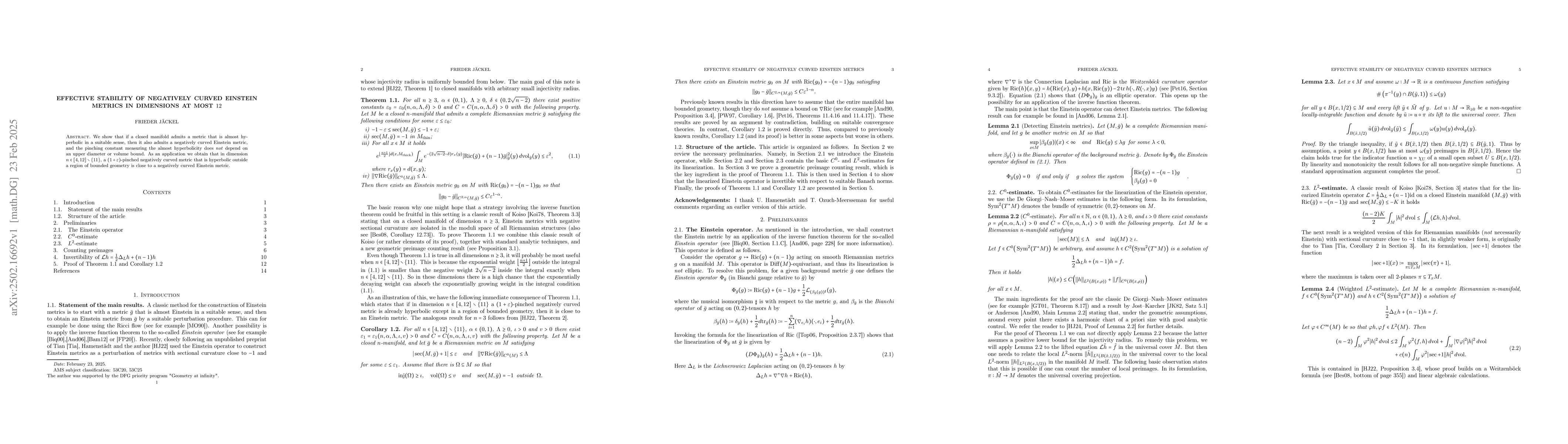 Thumbnail for Effective stability of negatively curved Einstein metrics in dimensions
  at most 12