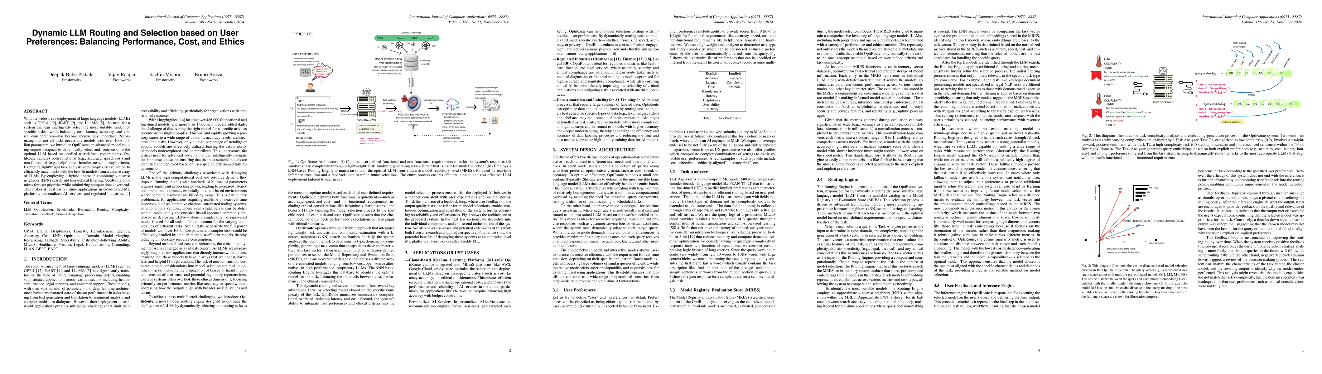 Thumbnail for Dynamic LLM Routing and Selection based on User Preferences: Balancing
  Performance, Cost, and Ethics