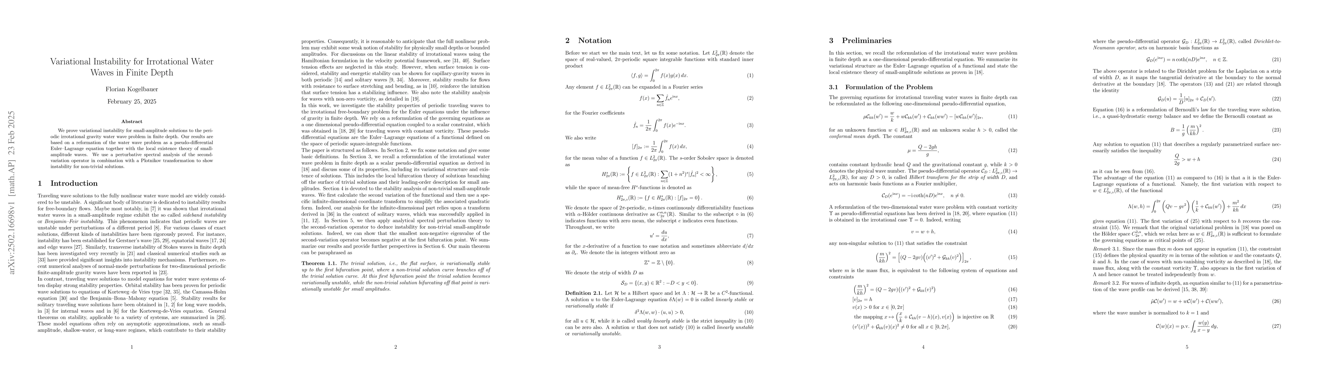 Thumbnail for Variational Instability for Irrotational Water Waves in Finite Depth