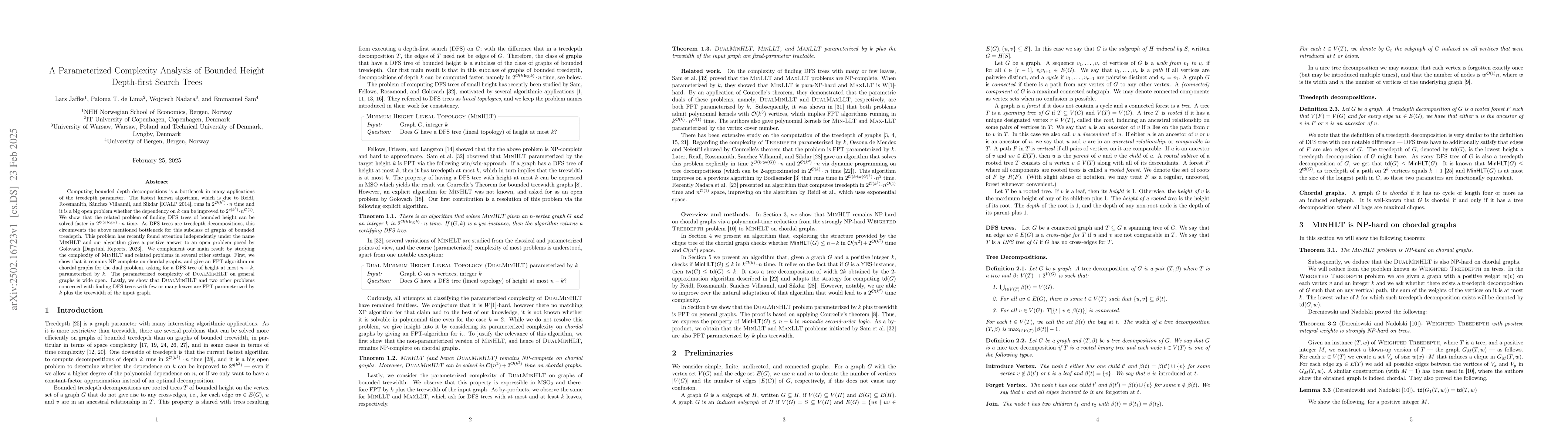 Thumbnail for A Parameterized Complexity Analysis of Bounded Height Depth-first Search
  Trees