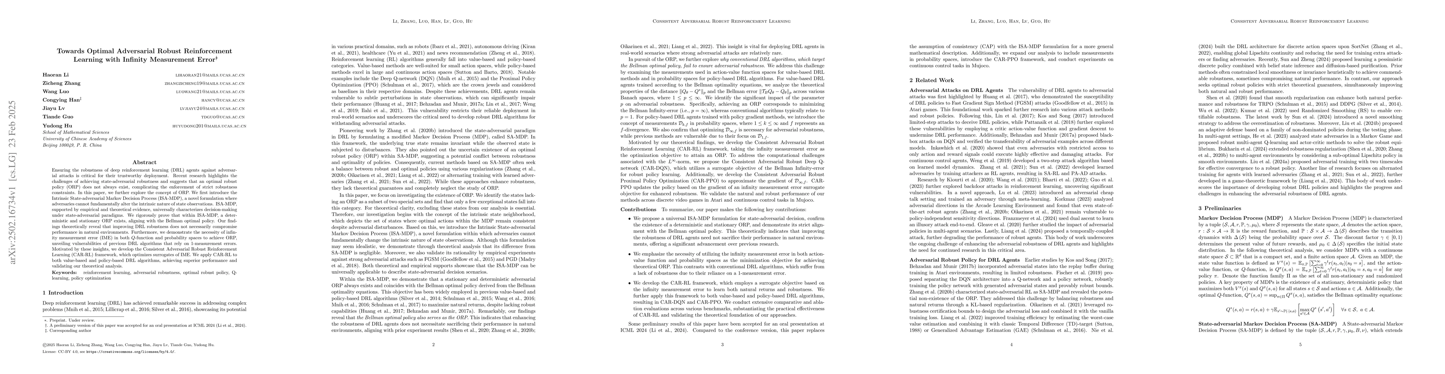Thumbnail for Towards Optimal Adversarial Robust Reinforcement Learning with Infinity
  Measurement Error