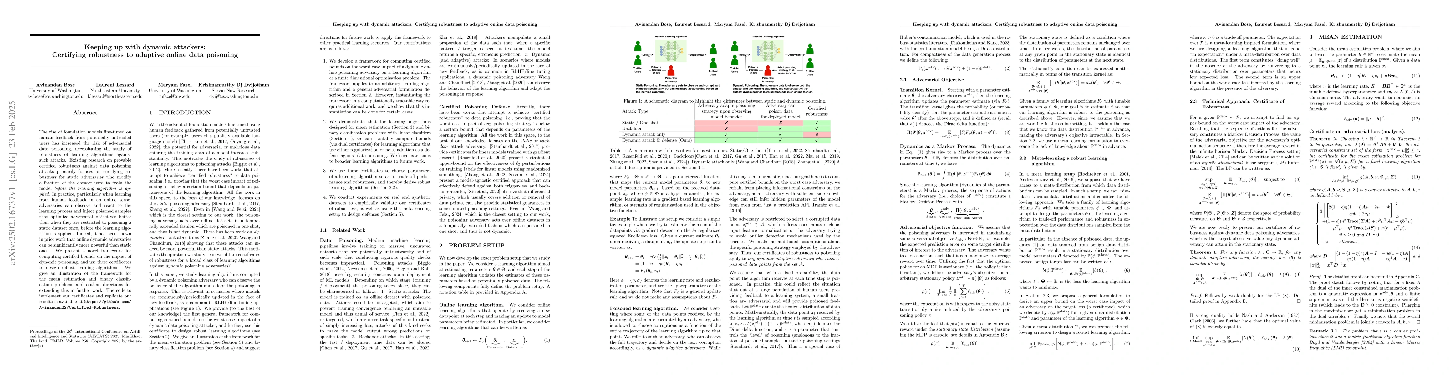 Thumbnail for Keeping up with dynamic attackers: Certifying robustness to adaptive
  online data poisoning