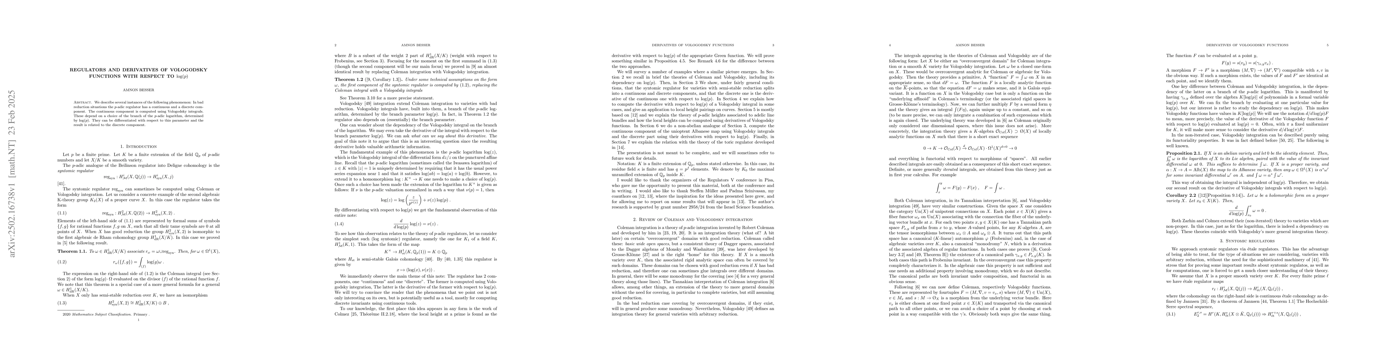 Thumbnail for Regulators and derivatives of Vologodsky functions with respect to
  log(p)