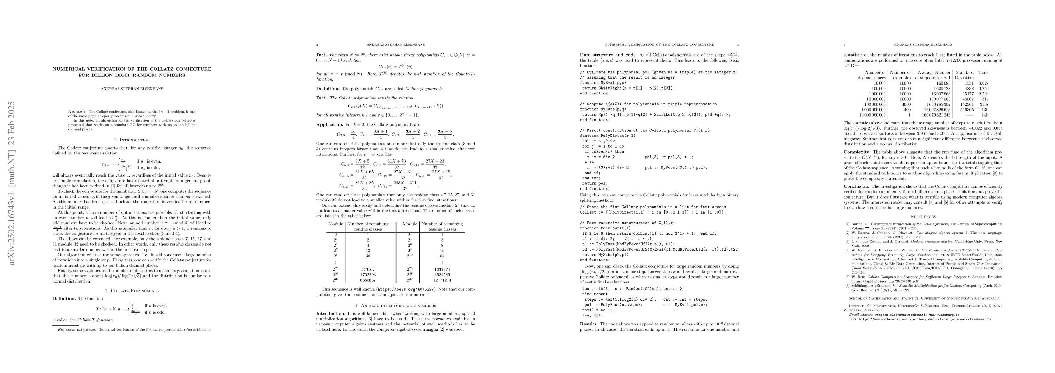 Thumbnail for Numerical verification of the Collatz conjecture for billion digit
  random numbers
