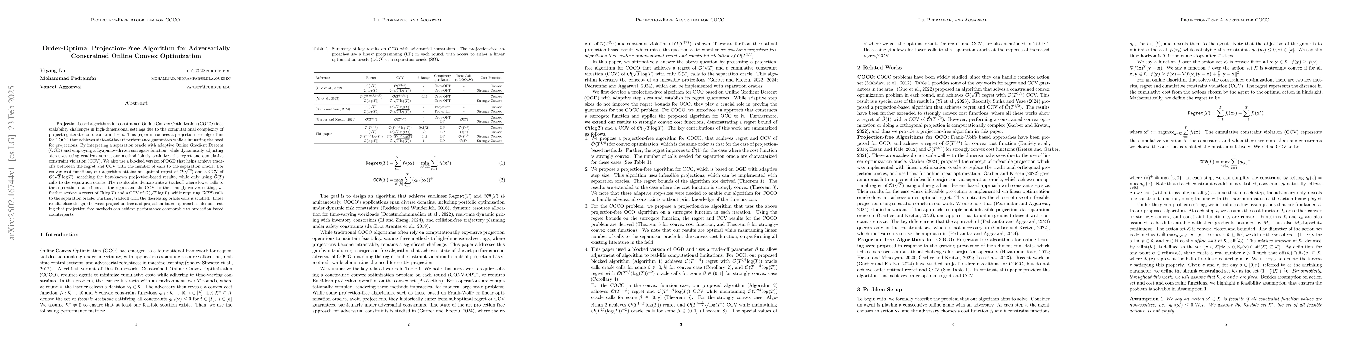 Thumbnail for Order-Optimal Projection-Free Algorithm for Adversarially Constrained
  Online Convex Optimization