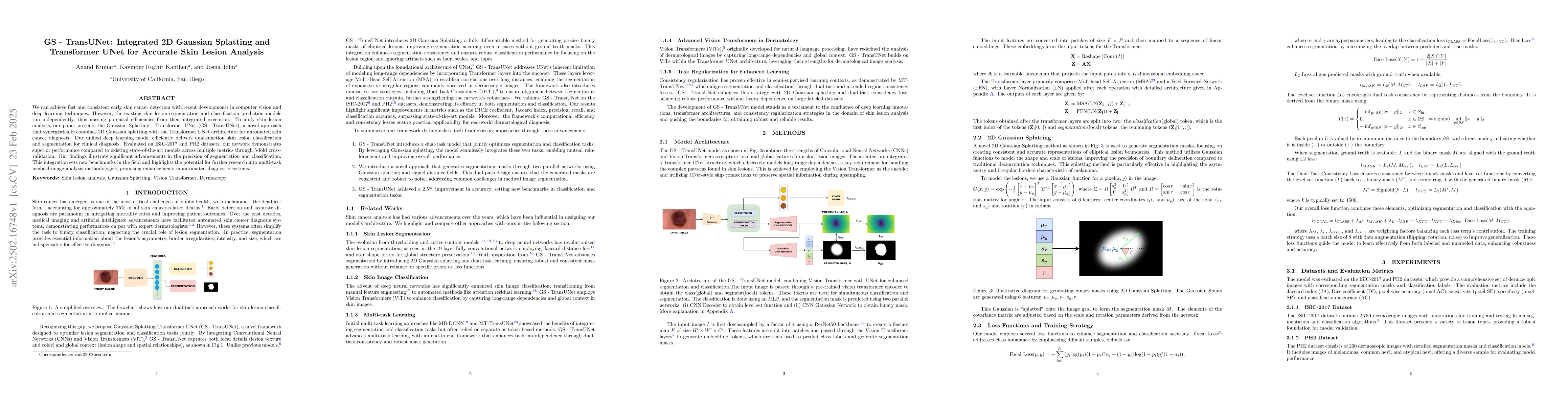 Thumbnail for GS-TransUNet: Integrated 2D Gaussian Splatting and Transformer UNet for
  Accurate Skin Lesion Analysis