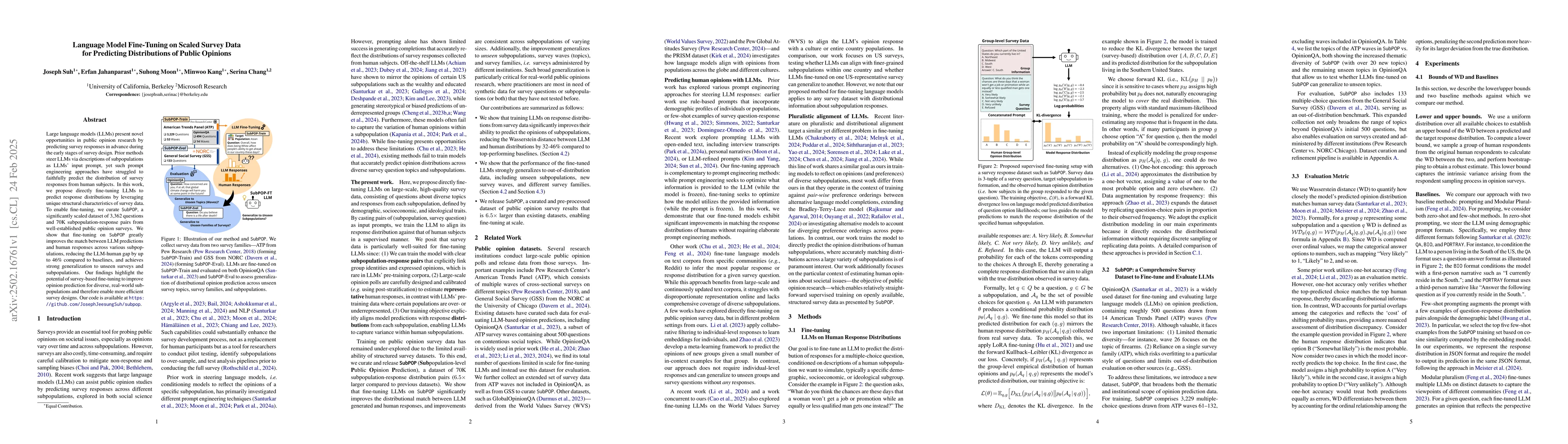 Thumbnail for Language Model Fine-Tuning on Scaled Survey Data for Predicting
  Distributions of Public Opinions