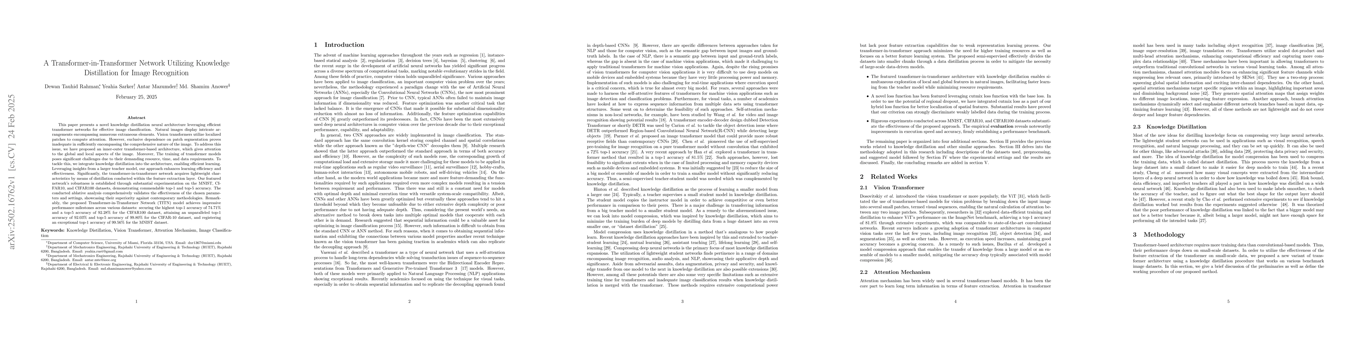 Thumbnail for A Transformer-in-Transformer Network Utilizing Knowledge Distillation
  for Image Recognition