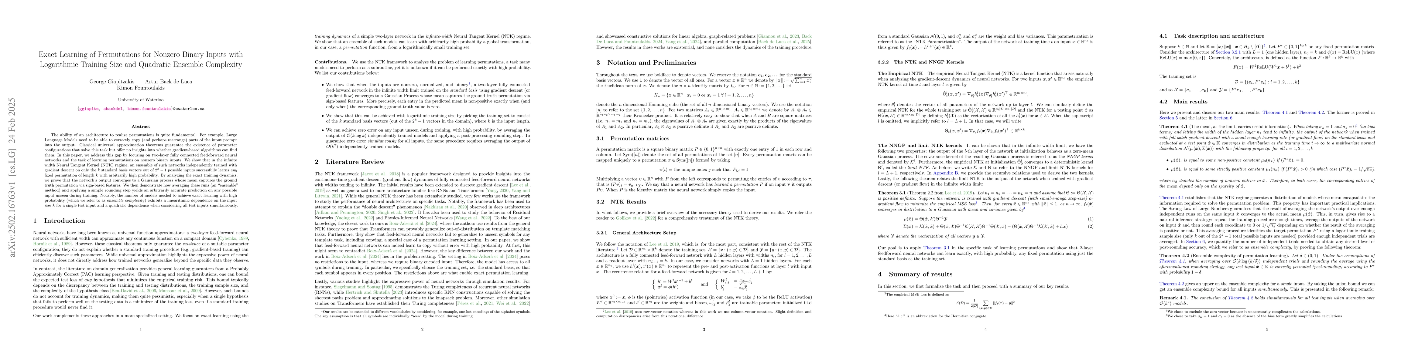 Thumbnail for Exact Learning of Permutations for Nonzero Binary Inputs with
  Logarithmic Training Size and Quadratic Ensemble Complexity