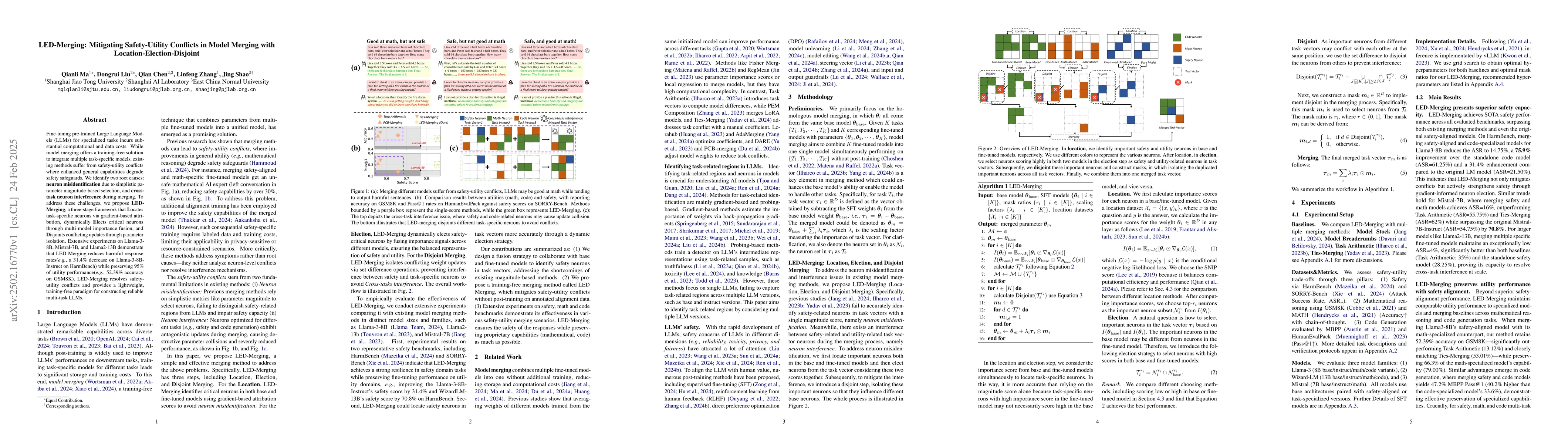 Thumbnail for LED-Merging: Mitigating Safety-Utility Conflicts in Model Merging with
  Location-Election-Disjoint