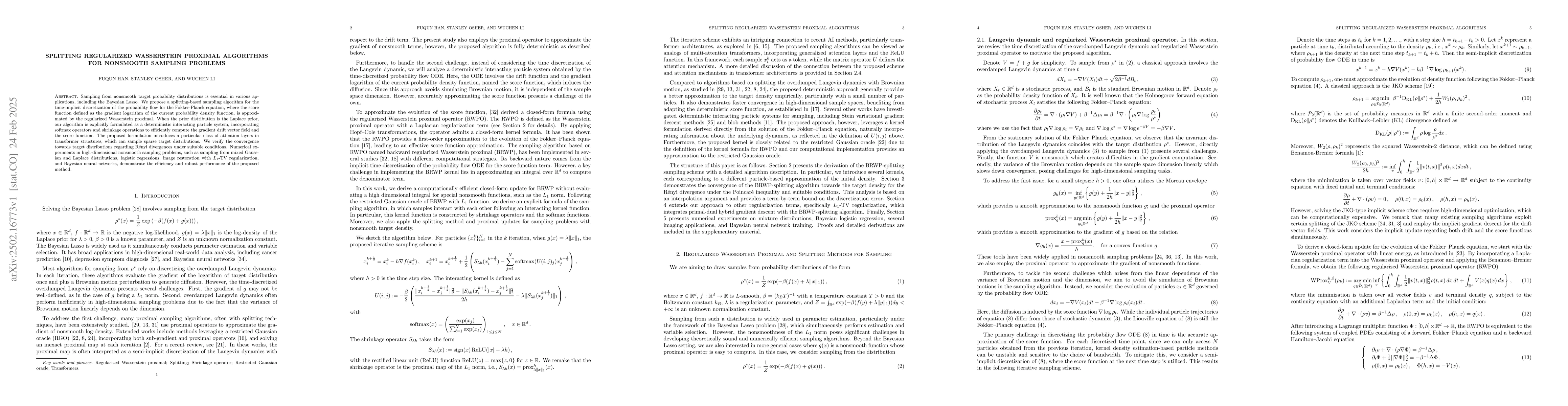 Thumbnail for Splitting Regularized Wasserstein Proximal Algorithms for Nonsmooth
  Sampling Problems