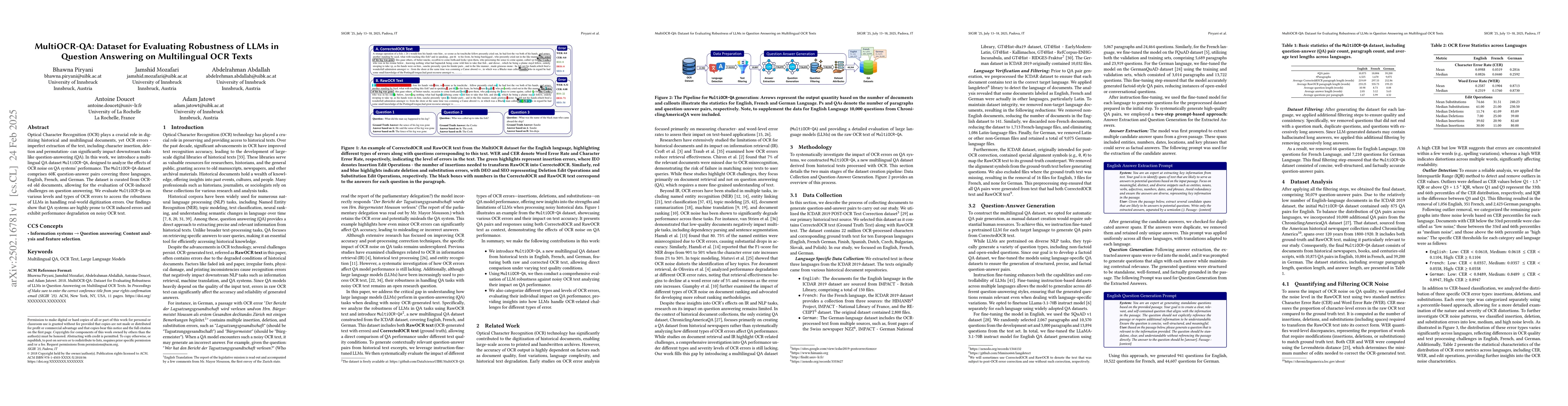 Thumbnail for MultiOCR-QA: Dataset for Evaluating Robustness of LLMs in Question
  Answering on Multilingual OCR Texts