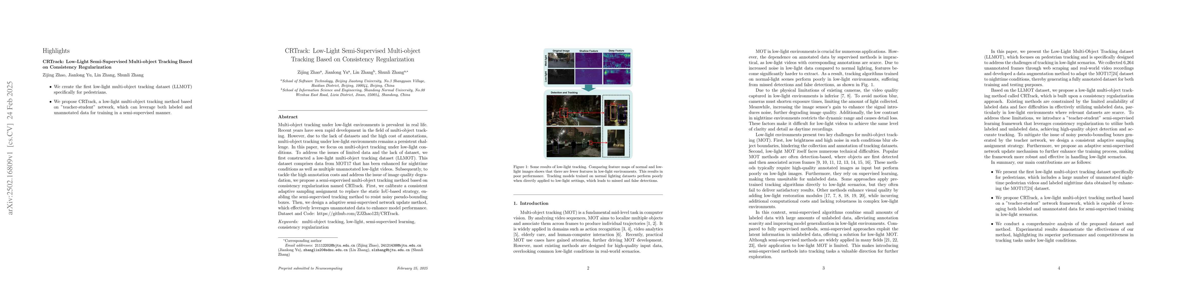 Thumbnail for CRTrack: Low-Light Semi-Supervised Multi-object Tracking Based on
  Consistency Regularization