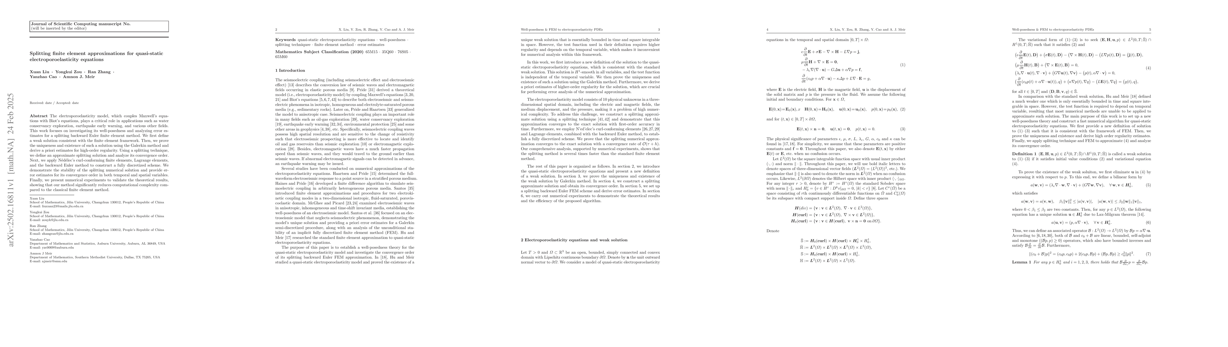 Thumbnail for Splitting finite element approximations for quasi-static
  electroporoelasticity equations