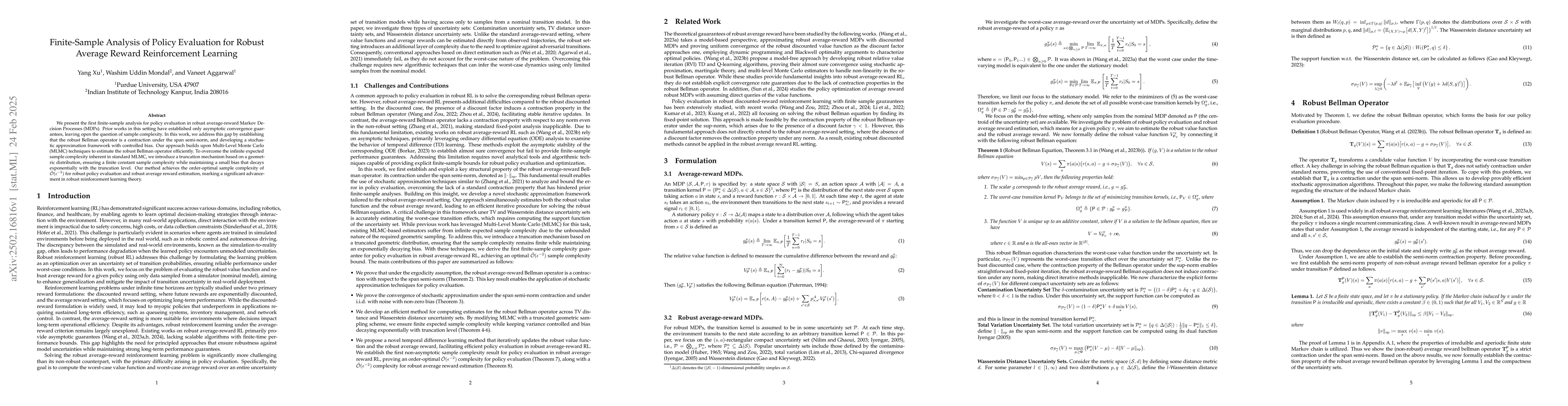 Thumbnail for Finite-Sample Analysis of Policy Evaluation for Robust Average Reward
  Reinforcement Learning