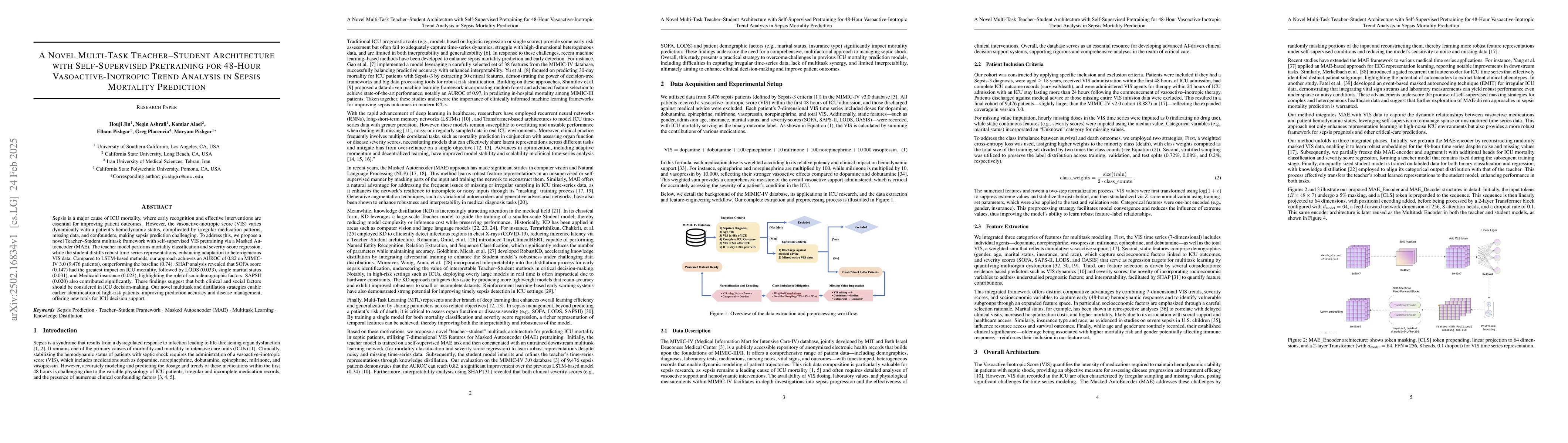 Thumbnail for A Novel Multi-Task Teacher-Student Architecture with Self-Supervised
  Pretraining for 48-Hour Vasoactive-Inotropic Trend Analysis in Sepsis
  Mortality Prediction