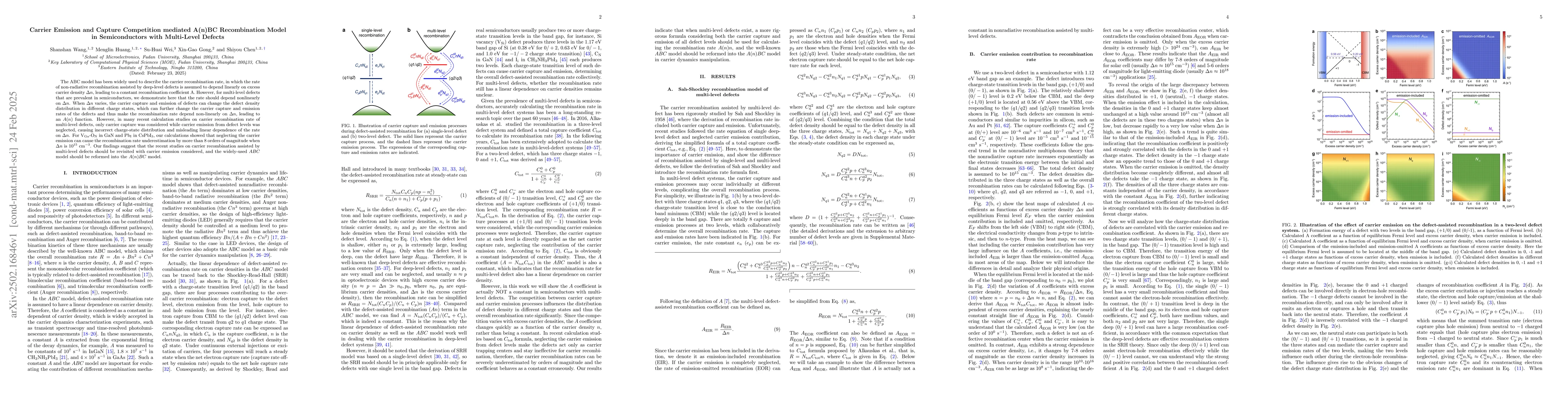 Thumbnail for Carrier Emission and Capture Competition mediated A(n)BC Recombination
  Model in Semiconductors with Multi-Level Defects