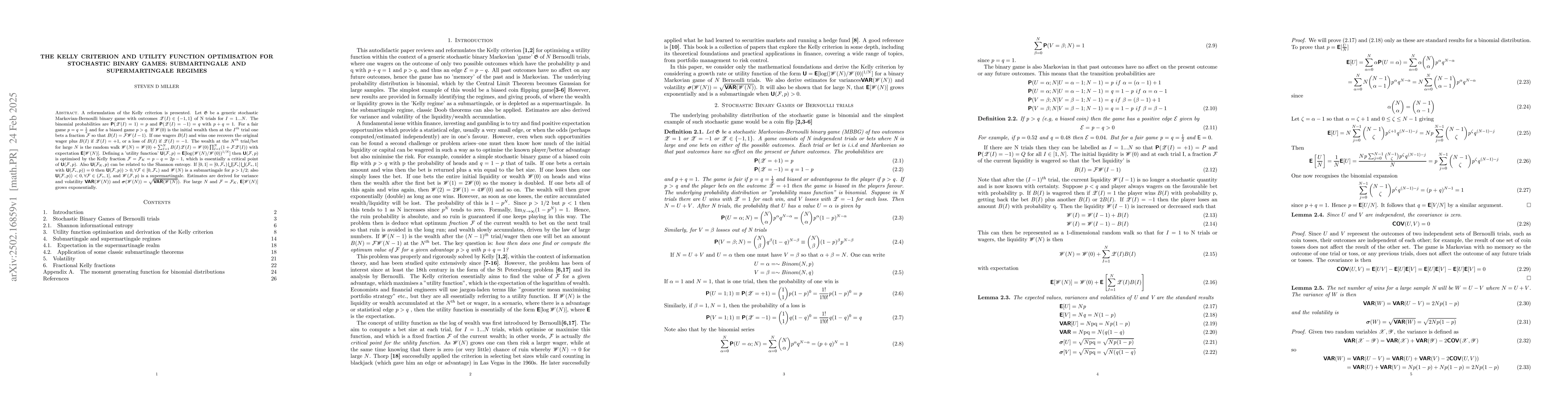 Thumbnail for The Kelly Criterion And Utility Function Optimisation For Stochastic
  Binary Games: Submartingale And Supermartingale Regimes