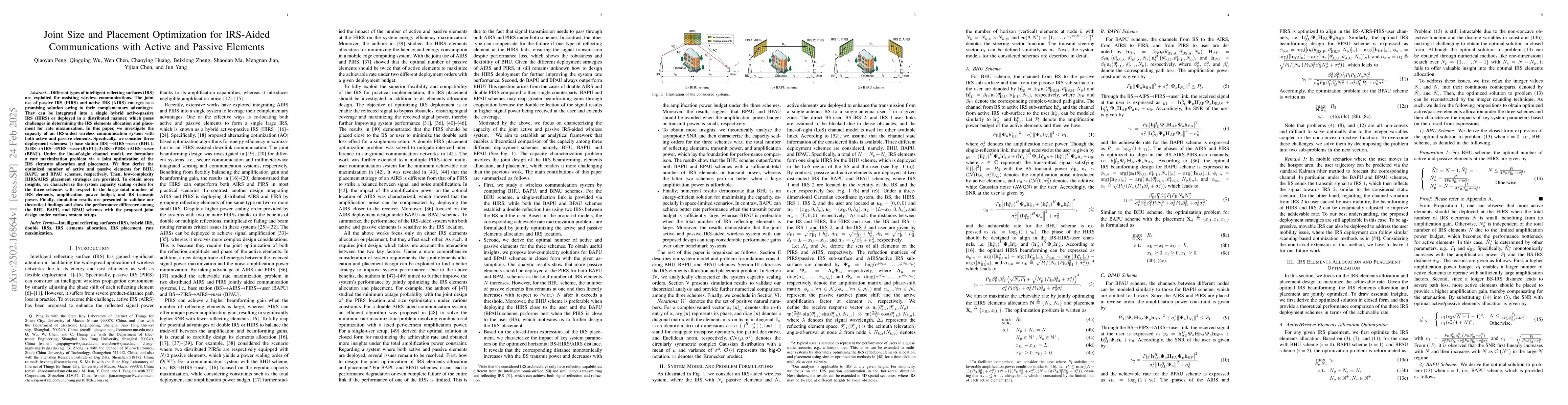 Thumbnail for Joint Size and Placement Optimization for IRS-Aided Communications with
  Active and Passive Elements