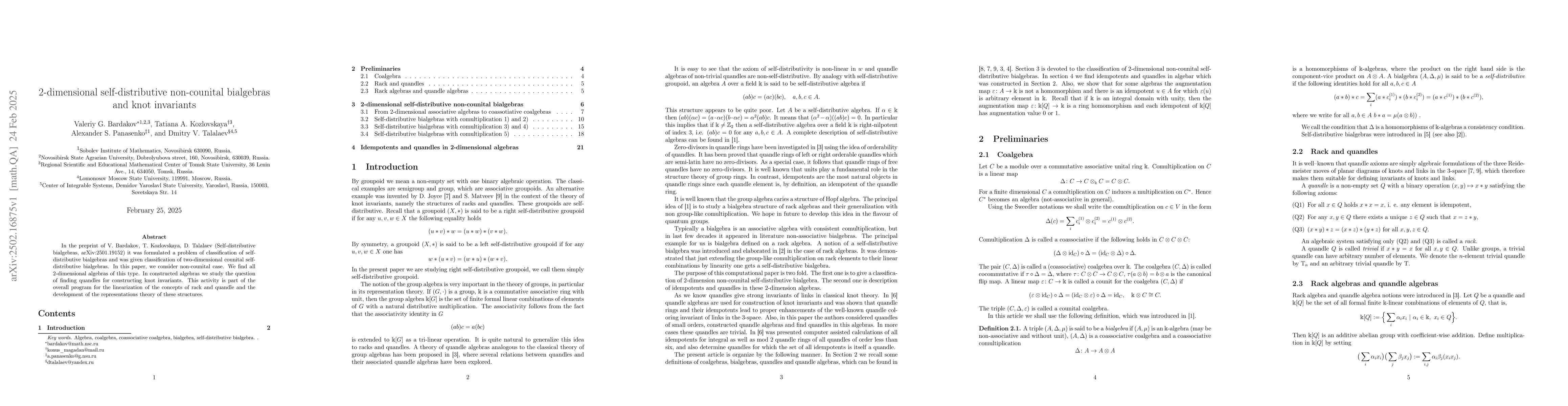 Thumbnail for 2-dimensional self-distributive non-counital bialgebras and knot
  invariants