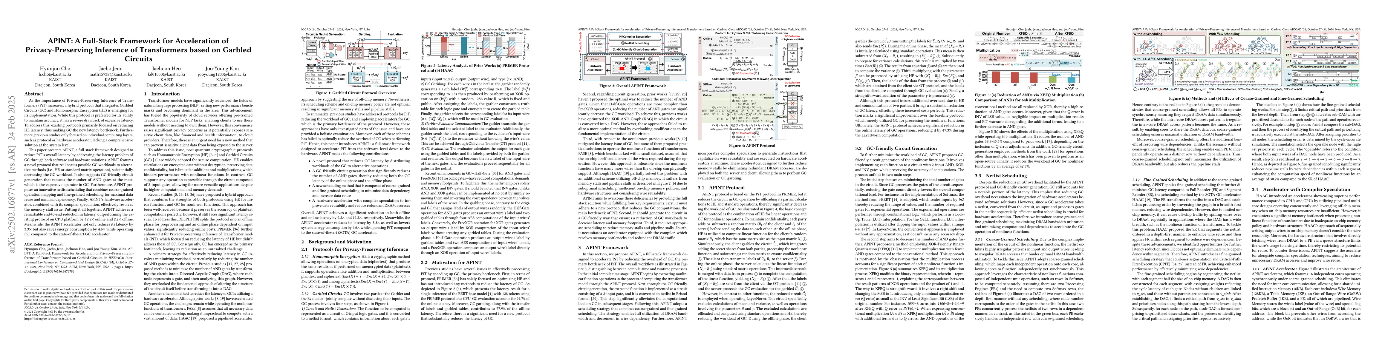 Thumbnail for APINT: A Full-Stack Framework for Acceleration of Privacy-Preserving
  Inference of Transformers based on Garbled Circuits