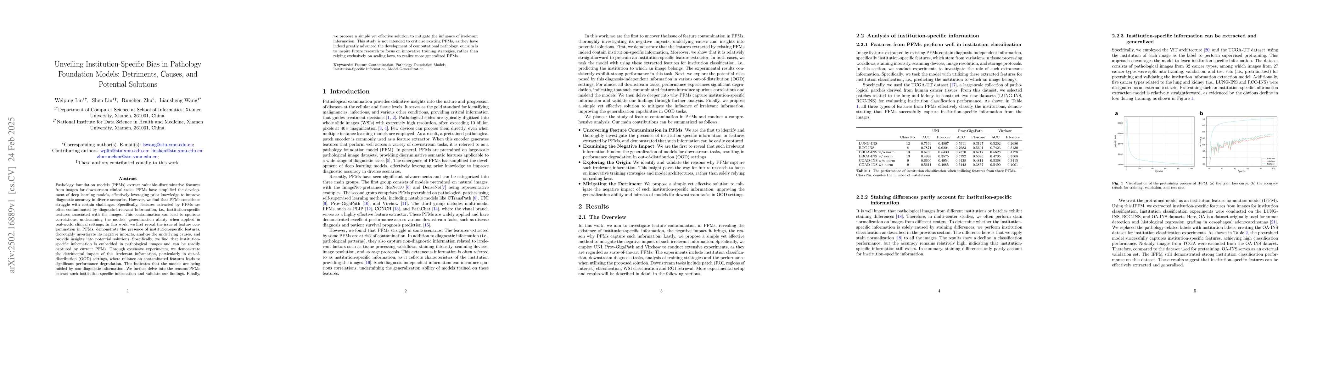 Thumbnail for Unveiling Institution-Specific Bias in Pathology Foundation Models:
  Detriments, Causes, and Potential Solutions