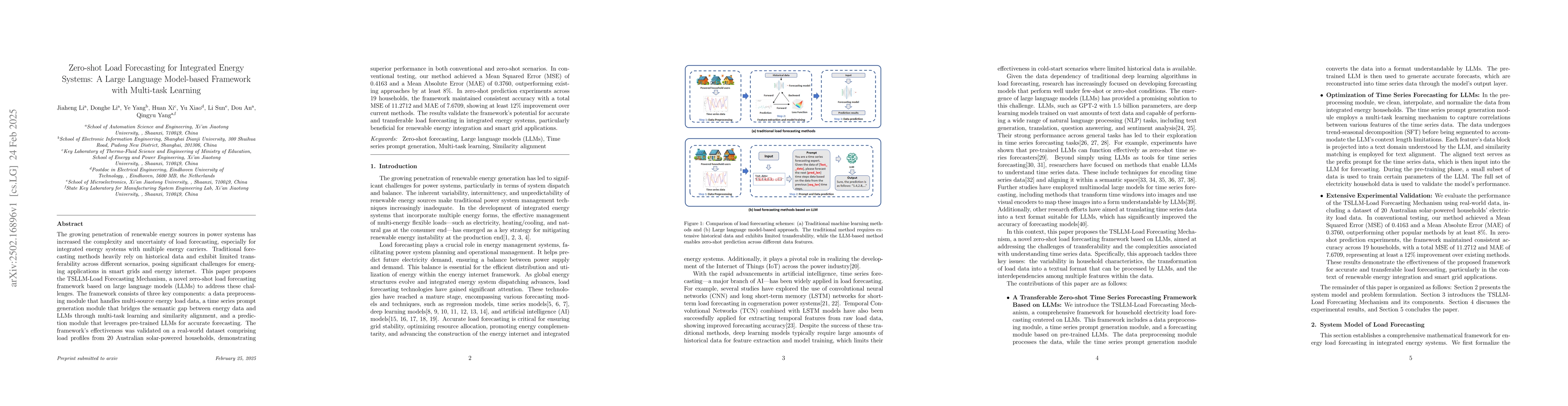 Thumbnail for Zero-shot Load Forecasting for Integrated Energy Systems: A Large
  Language Model-based Framework with Multi-task Learning