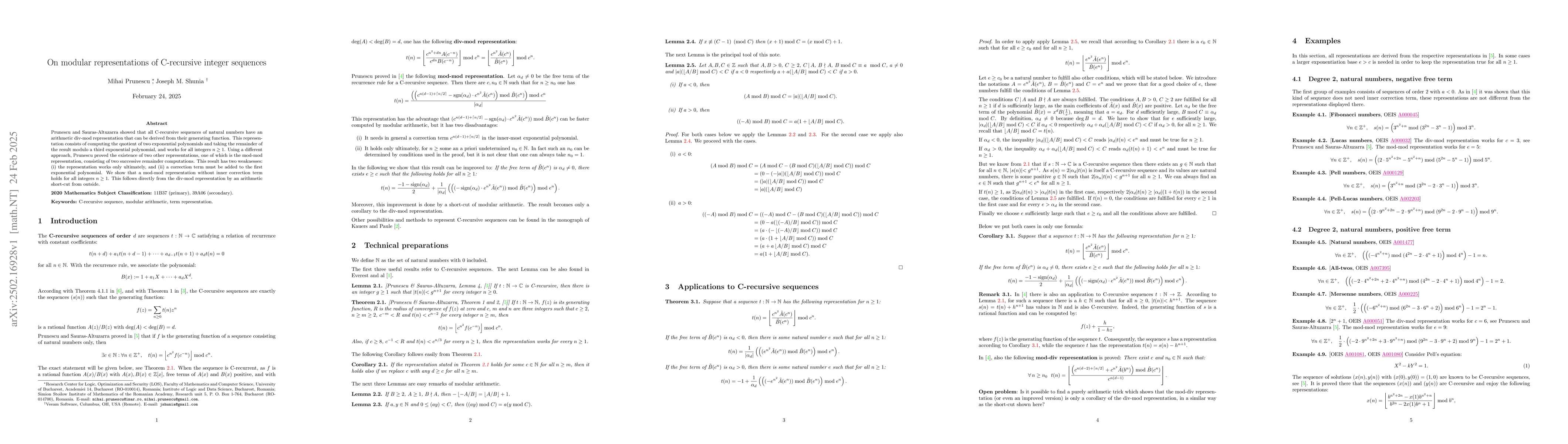 Thumbnail for On modular representations of C-recursive integer sequences