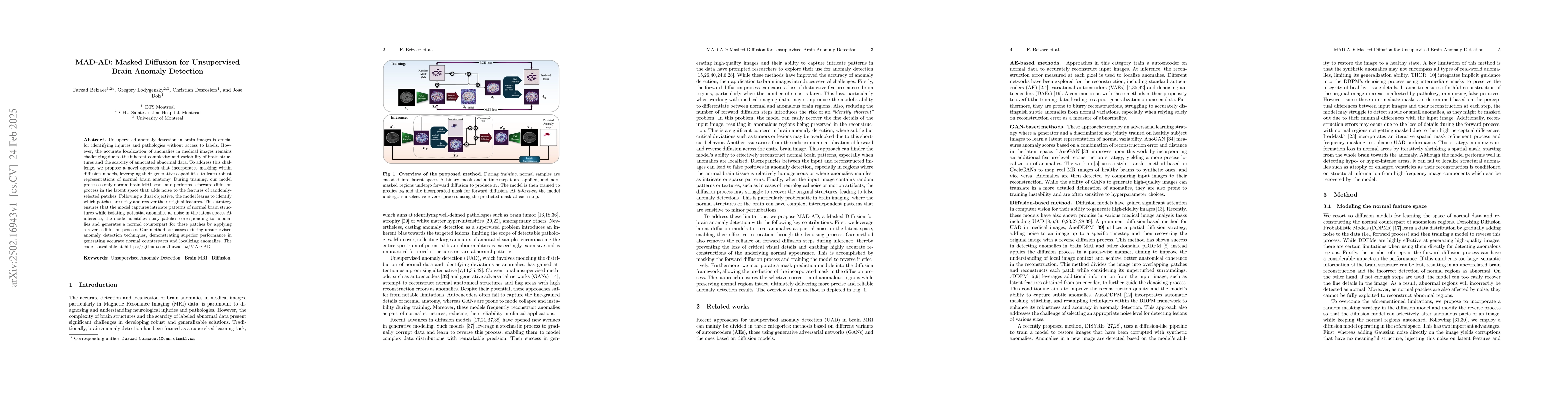 Thumbnail for MAD-AD: Masked Diffusion for Unsupervised Brain Anomaly Detection